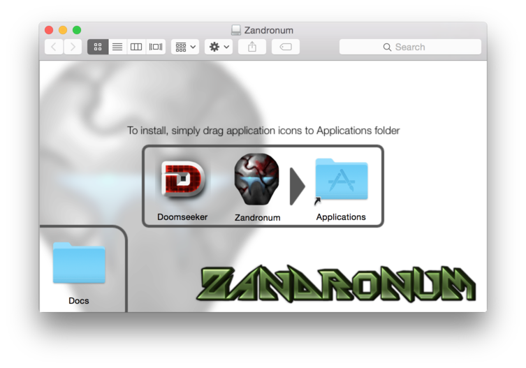Contents of Zandronum.dmg and Applications folder